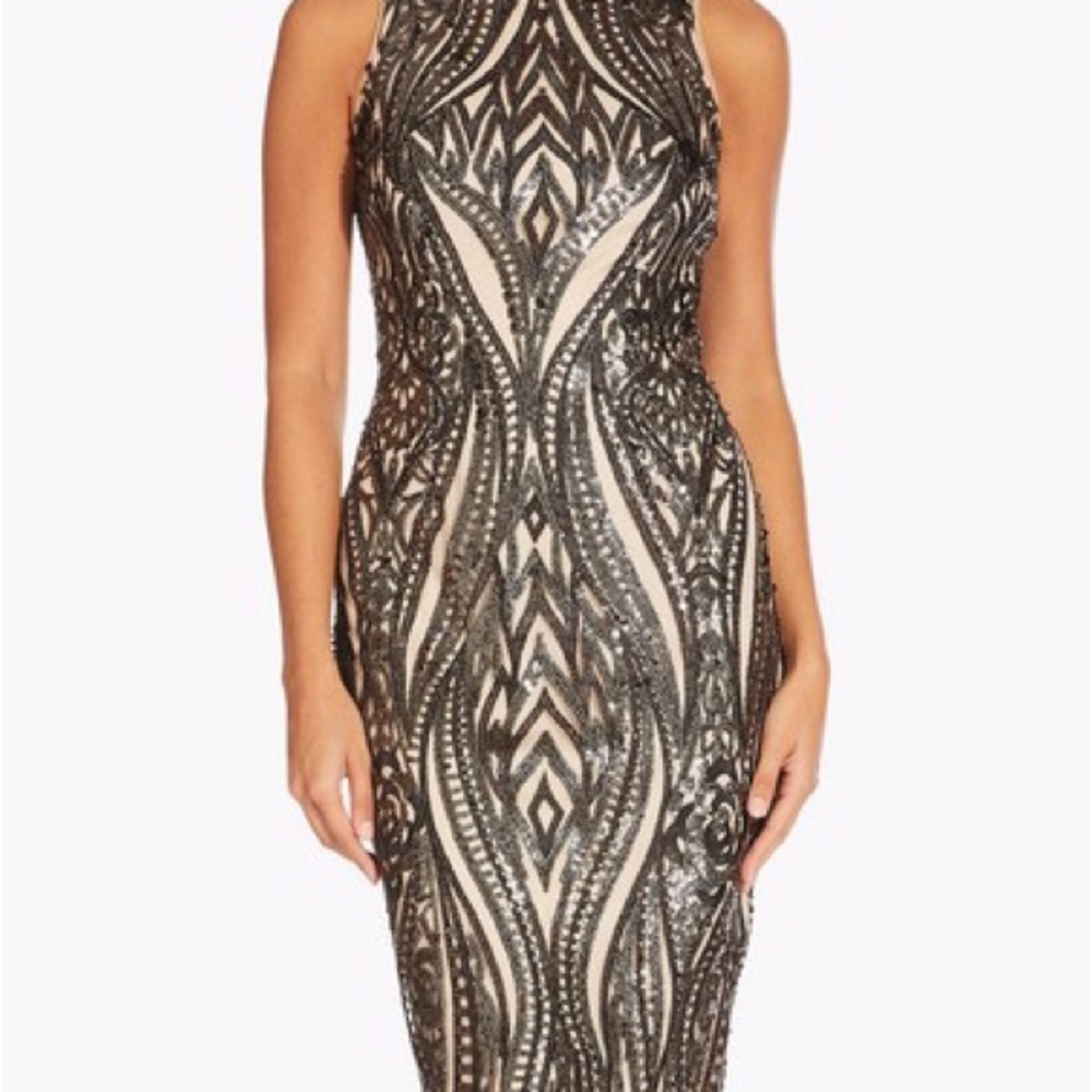 Adrianna Papell Silver and Black Halter Sheath Dress